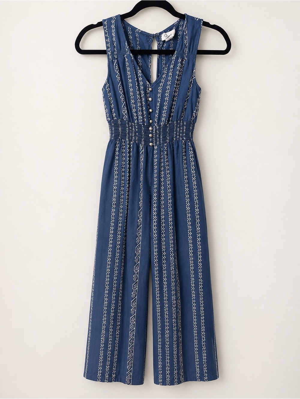 Japna Blue White Wide Leg Jumpsuit Size Small Smocked Waist Boho